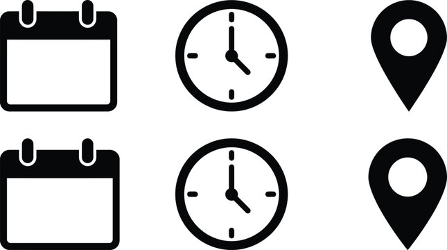 Set of calendar clock and location icons in black