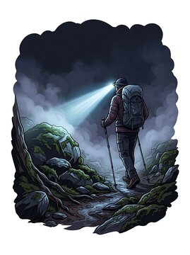 Hiker navigating a dark mountain trail with headlamp and backpack