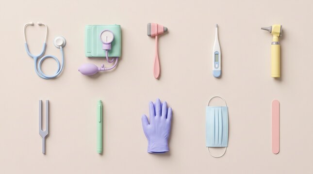 hospital examination tools medical icon collection top view minimal healthcare equipment flat lay modern clinical diagnostic concept
