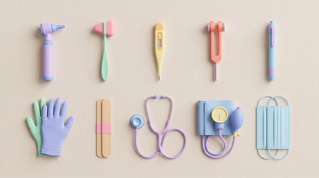 hospital examination tools medical icon collection top view minimal healthcare equipment flat lay modern clinical diagnostic concept