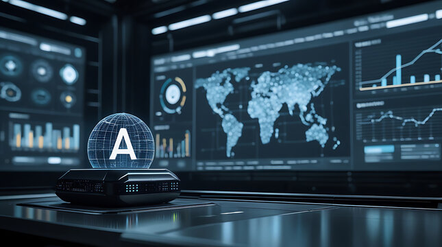 Cybersecurity global command center dashboard with high tech world map data visualization monitor