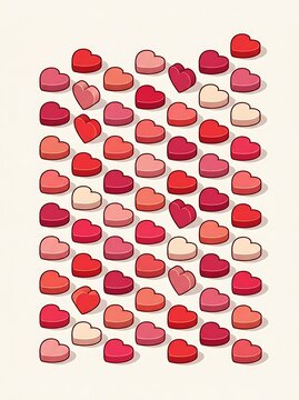 Isometric 3d heart shapes in various shades of red and pink