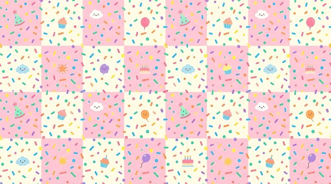 Seamless checkered birthday pattern with cupcakes and balloons