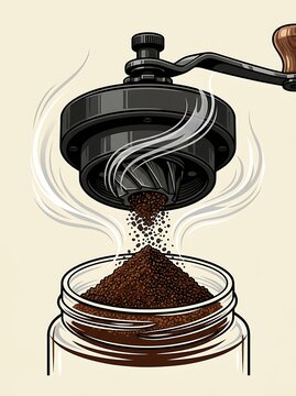 Manual coffee grinder milling dark beans into a glass jar