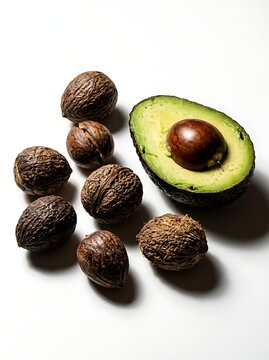 Fresh avocado fruit half and various brown pits on white surface