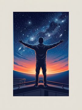 Silhouette of a man with open arms under a starry night sky