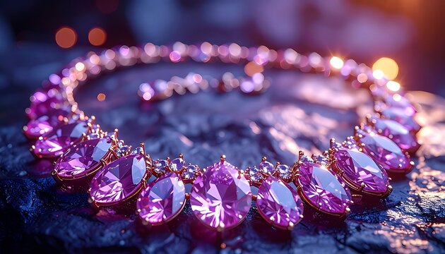 A close-up of a pink gemstone necklace on a rock