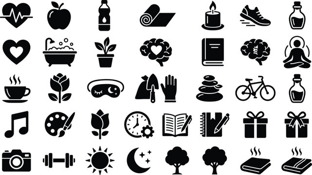 Array of black icons depicting activities for a holistic approach to well being and personal growth