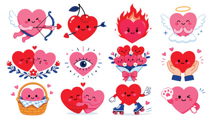 Naklejka premium Cute cartoon heart characters and symbols for Valentines Day or love concepts various emotions