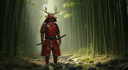 Fototapeta premium Samurai warrior in traditional red armor standing in serene bamboo forest with sword