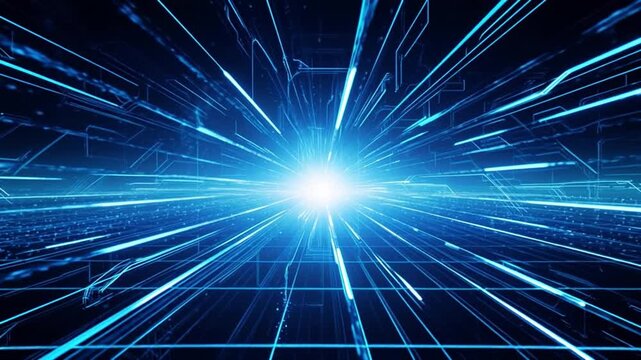 Bright blue glowing light explosion with futuristic digital network grid and holographic circuit lines representing data transfer in technology background
