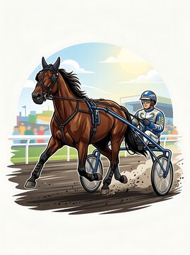 Professional harness racing horse pulling sulky and driver on track