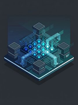 Isometric computer processor with glowing blue circuits and data nodes
