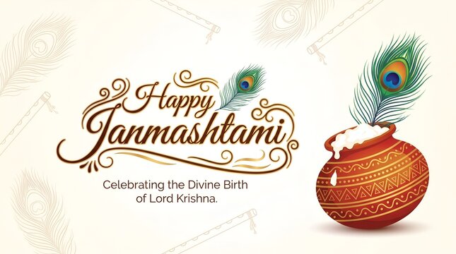 Janmashtami celebration text with decorated pot and peacock feather