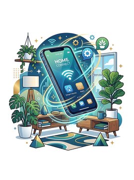 Smart home automation app on mobile phone in modern living room
