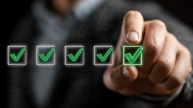 Business professional using digital checklist interface with green checkmarks for task management quality assurance workflow optimization project planning performance tracking and success strategy
