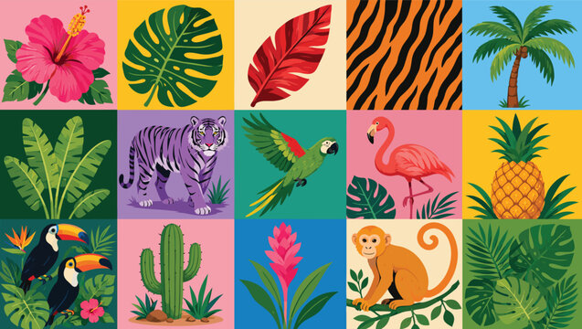 Vibrant tropical illustrations of animals and plants in colorful squares
