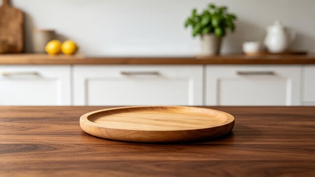 Round wooden serving tray on dining table, minimalist home decor, natural material aesthetic, breakfast platter, empty plate for product display, Scandinavian style interior