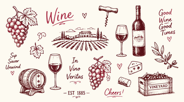 Wine and vineyard related illustrations with glasses bottles and grapes on cream background