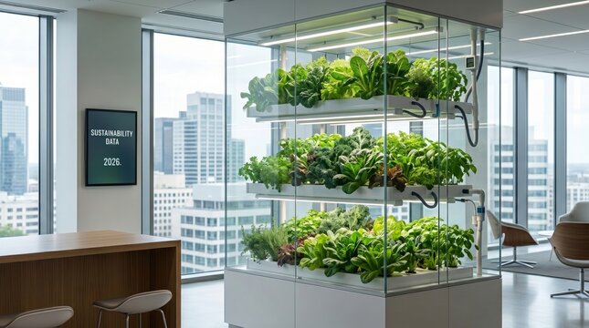 Modern indoor vertical hydroponic garden growing fresh organic vegetables and herbs in glass enclosure within bright contemporary office space with city view