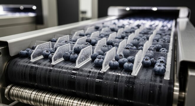 Blueberry sorting machine processing fresh fruit on conveyor system industrial