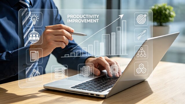Productivity improvement graph, business growth chart, man analyzing financial data on laptop, corporate strategy planning, economic success concept, rising bar chart