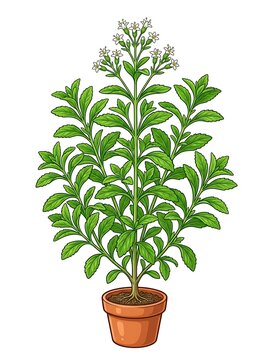 Stevia rebaudiana plant with green leaves and white flowers in a pot