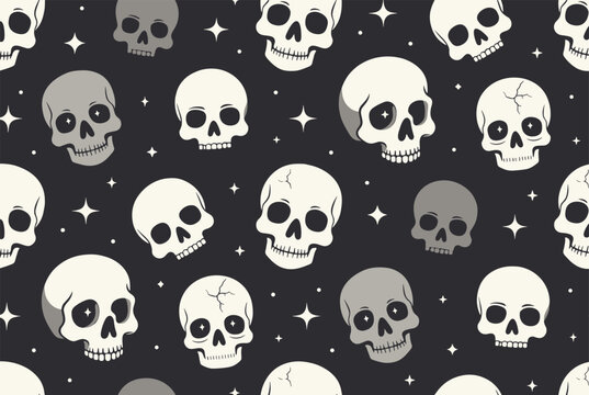 Spooky seamless pattern featuring white and grey cartoon skulls scattered among tiny stars on a black background.