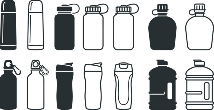 Reusable water bottle icon set featuring travel thermos flasks sports shakers military canteens sport water containers and fitness gallon jugs vector collection.