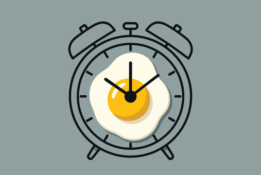 Creative conceptual illustration of an analog alarm clock with a fried egg as the face representing breakfast time.