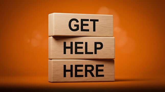 Wooden blocks with get help here text on orange background