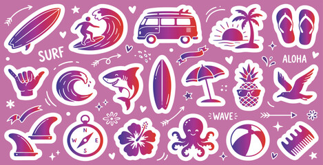 Summer surfing and beach vacation themed sticker set with various gradient colored icons on a pink background. © Riki