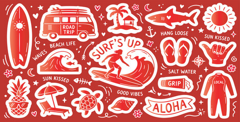 Summer surfing and beach life stickers set with various elements like surfboard, van, waves, and tropical plants, perfect for vacation themes. © Riki