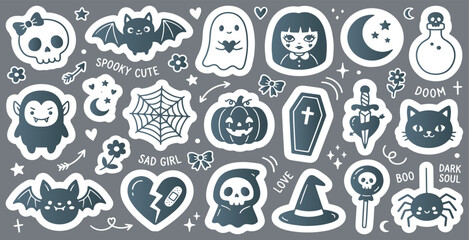 Fototapeta premium Cute Spooky Halloween Sticker Set with Skulls, Bats, Ghosts, and Pumpkins.