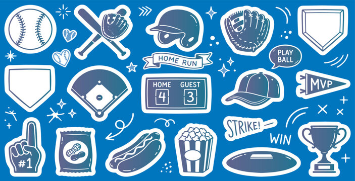 Collection of baseball-themed doodle stickers on a blue background, including equipment, food, and awards.