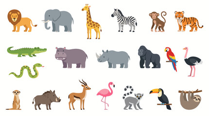 Animals including a lion, elephant, giraffe, zebra, monkey, tiger, crocodile, hippo, rhino, gorilla, parrot, ostrich, snake, meerkat, boar, antelope, flamingo, lemur, toucan, and sloth appear. © N