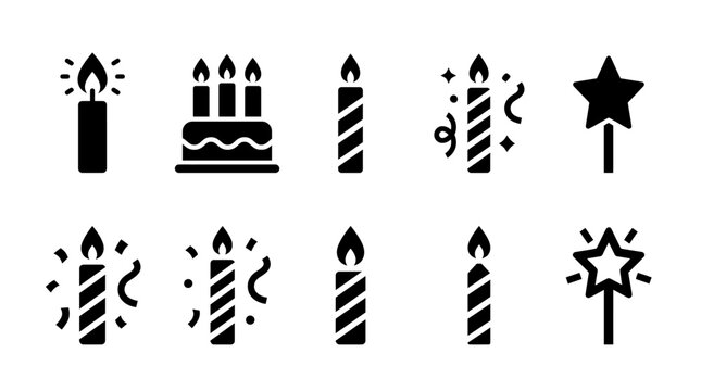 Collection of various birthday candles and celebration elements in a simple black silhouette style.