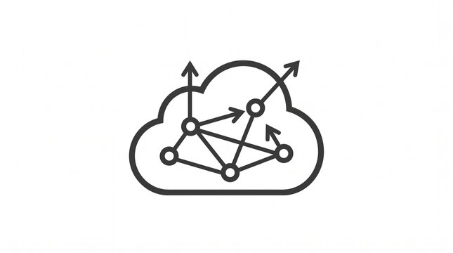 Cloud Data Transfer Line Icon with Connected Network Nodes, Digital Information Exchange Technology, Minimalist Outline Vector Illustration Isolated on White Background for Mobile App, Web, UI and Pri