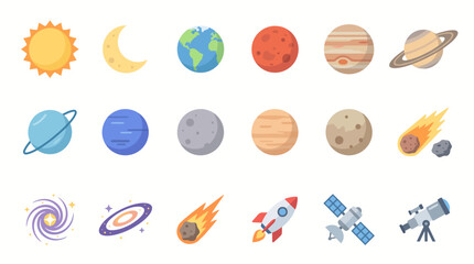 Space elements featuring planets and celestial bodies are arranged as a set of flat vector icons. © N