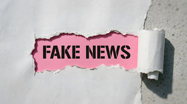 Torn paper revealing fake news message on pink background