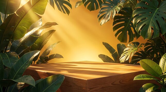 Warm sunlight shining through tropical leaves on wooden platform in jungle environment