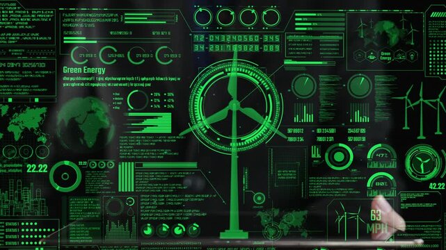 An interactive digital display showcasing green energy data visualizations, featuring wind turbines and advanced graphical infographics for innovative analysis. Cipher