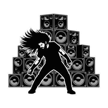 Heavy metal fan headbanging by speaker wall silhouette.