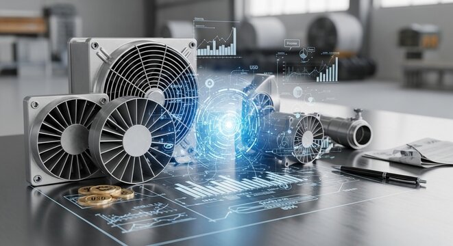 Industrial cooling turbines and engineering components with futuristic digital data visualization