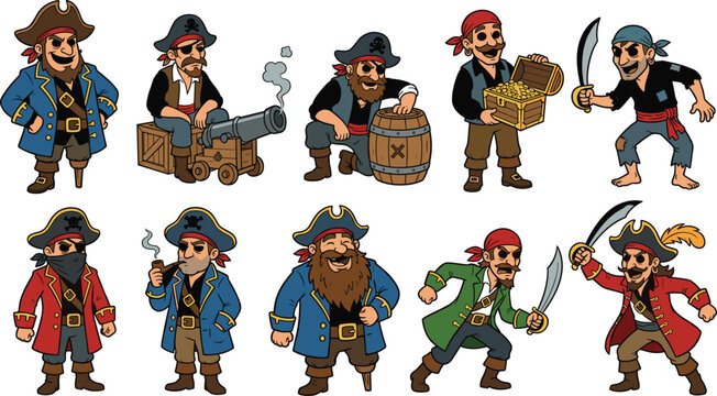Cartoon pirate characters set with captain captain wooden leg cannon treasure chest cutlass and smoking pipe vector illustration