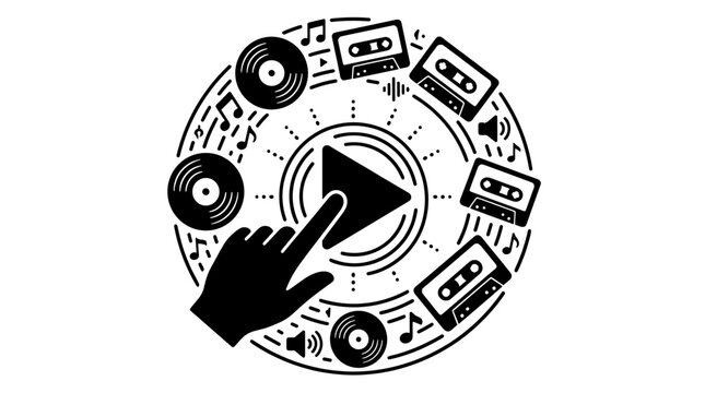 Hand pressing play button surrounded by tapes and vinyl.