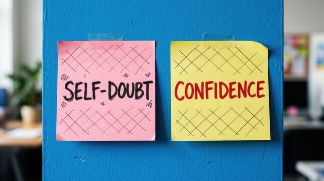 Conceptual image of self-doubt and confidence depicted through Pink yellow note featuring the text SELF