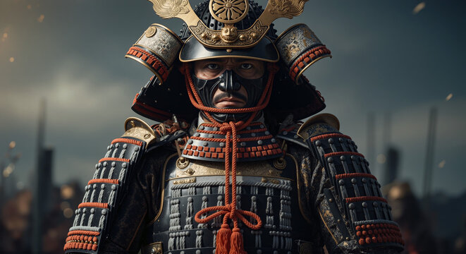 Samurai warrior in traditional armor standing heroically with a fierce expression on his face during a battle