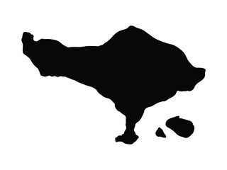 Silhouette map of Bali island showing the geographical shape on a solid white background. © Reza