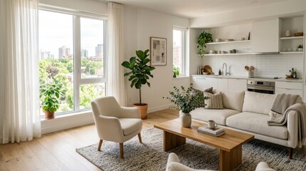 Fototapeta premium Contemporary Living Room with Expansive Window, White Sofa, Modern Large